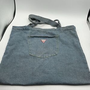 Vintage GUESS Jeans Denim Tote Bag Blue Shoulder Bag Large Pocket Logo USA